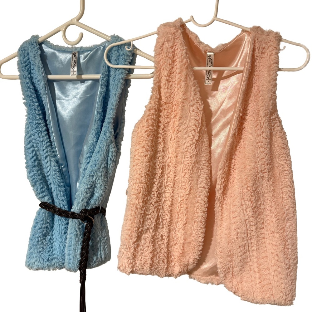 Stylish Two Knitworks Light Blue and Pink Faux Fur Belted Vests M